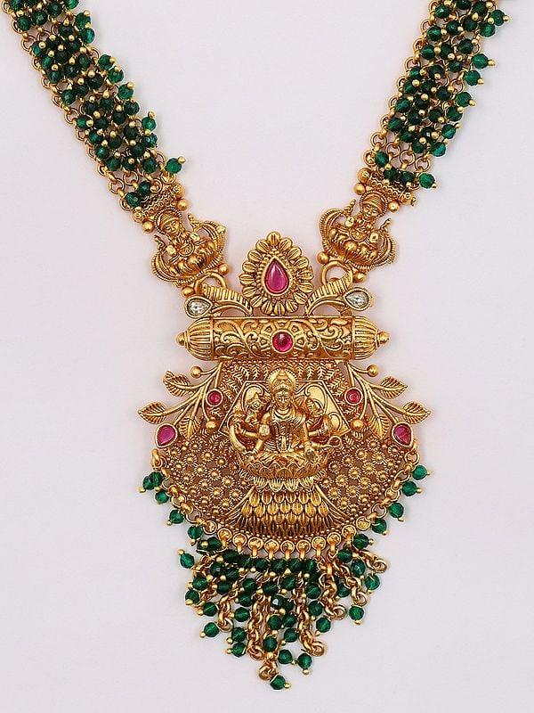 Exotic India Blessing Goddess Lakshmi Long Necklace & Earrings Set With Beads