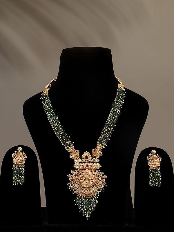 exotic india Blessing Goddess Lakshmi Long Necklace & Earrings Set with Beads 