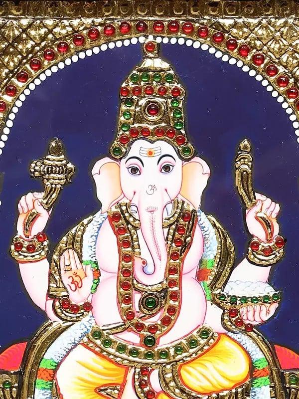 Exotic India Blessing Lord Ganesha | Framed Tanjore Painting 