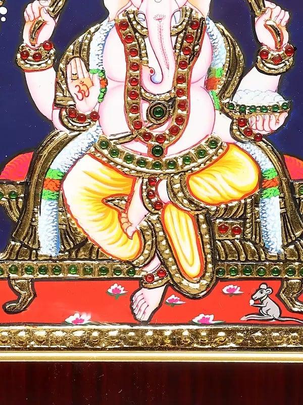 Exotic India Blessing Lord Ganesha | Framed Tanjore Painting 