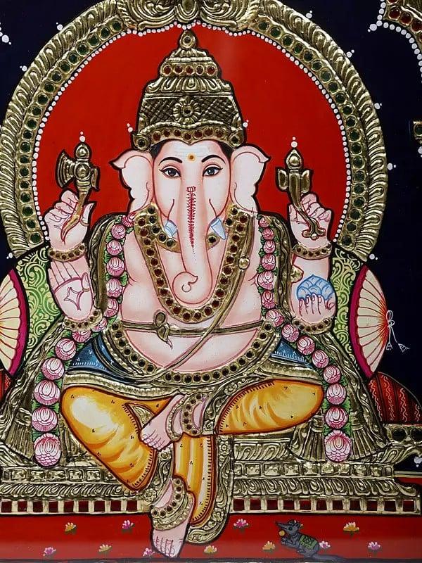 Exotic India Blessing Lord Ganesha Framed Tanjore Painting | 24 Karat Gold Work 
