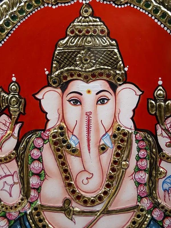 Exotic India Blessing Lord Ganesha Framed Tanjore Painting | 24 Karat Gold Work 