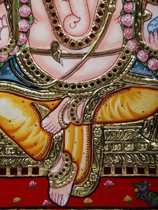 Exotic India Blessing Lord Ganesha Framed Tanjore Painting | 24 Karat Gold Work 