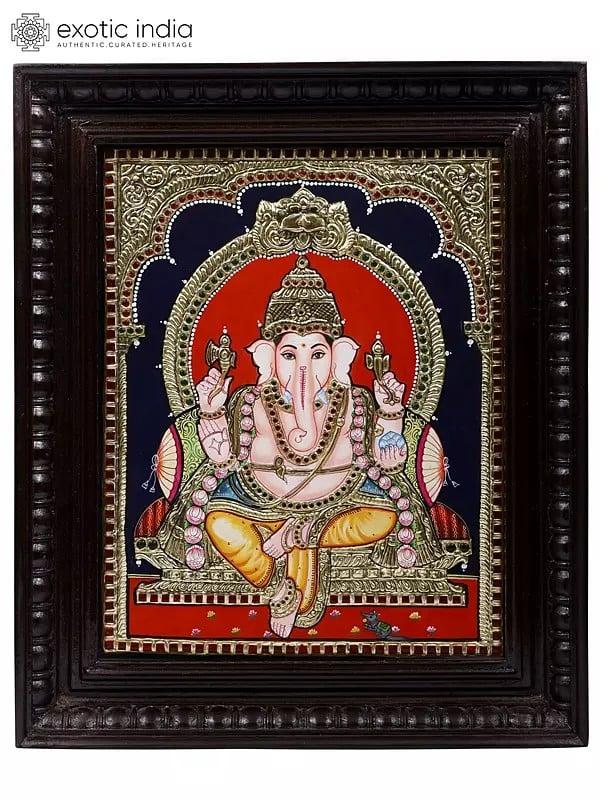 exotic india Blessing Lord Ganesha Framed Tanjore Painting | 24 Karat Gold Work 