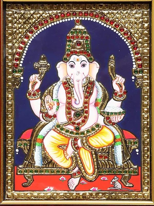 Exotic India Blessing Lord Ganesha | Framed Tanjore Painting 