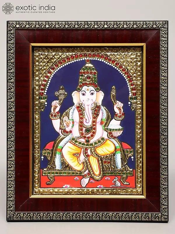 exotic india Blessing Lord Ganesha | Framed Tanjore Painting 