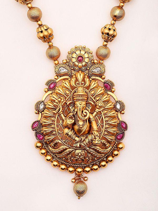 Exotic India Blessing Lord Ganesha Long Necklace And Earrings Set 