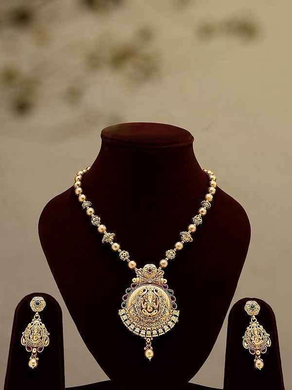 exotic india Blessing Lord Ganesha Long Necklace and Earrings Set 