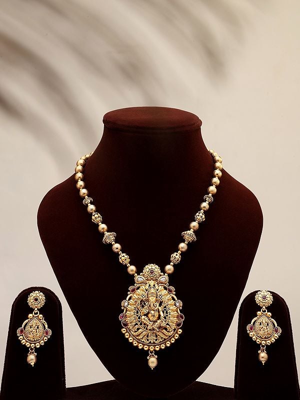 exotic india Blessing Lord Ganesha Long Necklace and Earrings Set 