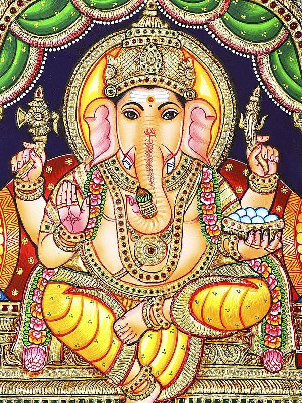 Exotic India Blessing Lord Ganesha Seated On Throne | 24 Karat Gold Work | Framed Tanjore Painting