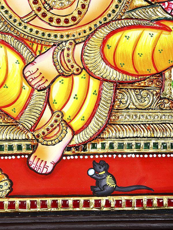 Exotic India Blessing Lord Ganesha Seated On Throne | 24 Karat Gold Work | Framed Tanjore Painting