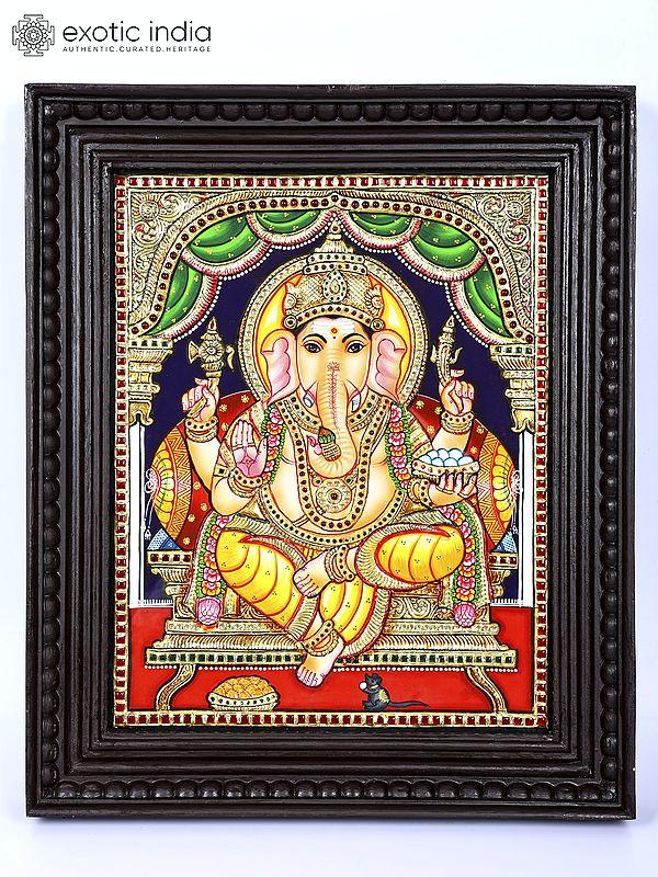 exotic india Blessing Lord Ganesha Seated on Throne | 24 Karat Gold Work | Framed Tanjore Painting
