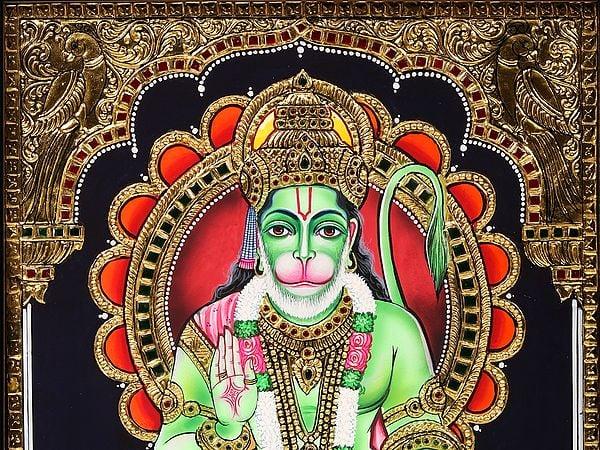 Exotic India Blessing Lord Hanuman Framed Tanjore Painting 