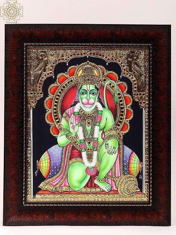 exotic india Blessing Lord Hanuman Framed Tanjore Painting 