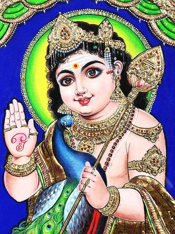 Exotic India Blessing Lord Karttikeya | 24 Karat Gold Work | Framed Tanjore Painting 