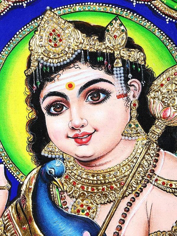 Exotic India Blessing Lord Karttikeya | 24 Karat Gold Work | Framed Tanjore Painting 