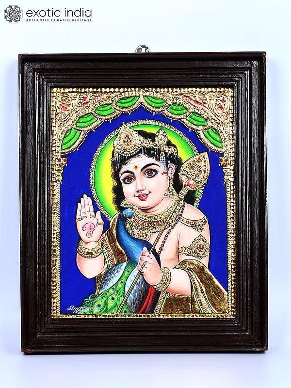 exotic india Blessing Lord Karttikeya | 24 Karat Gold Work | Framed Tanjore Painting 