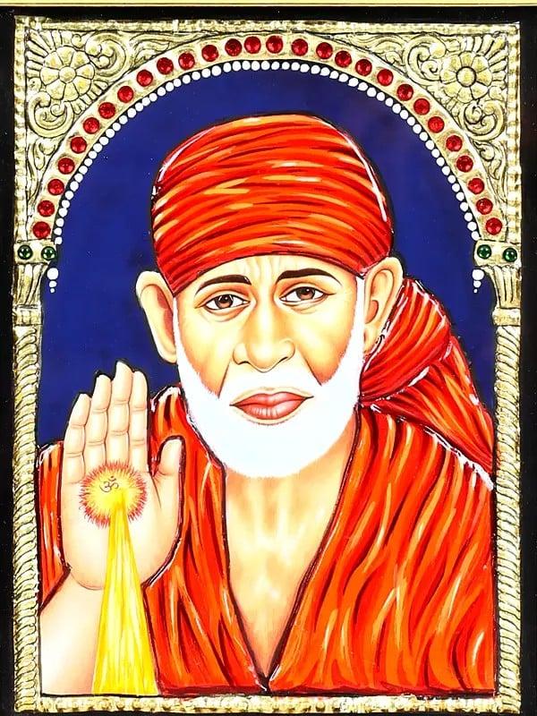 Exotic India Blessing Sai Baba | 24 Karat Gold Work | Framed Tanjore Painting 