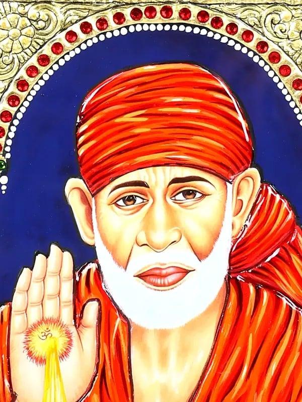 Exotic India Blessing Sai Baba | 24 Karat Gold Work | Framed Tanjore Painting 