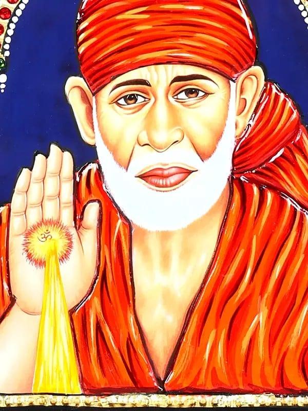 Exotic India Blessing Sai Baba | 24 Karat Gold Work | Framed Tanjore Painting 