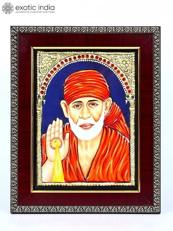 exotic india Blessing Sai Baba | 24 Karat Gold Work | Framed Tanjore Painting 
