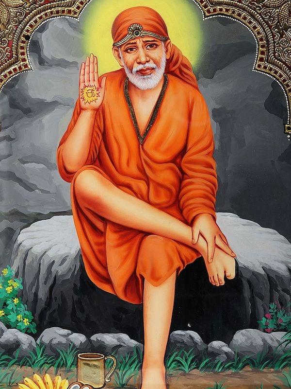 Exotic India Blessing Sai Baba - Tanjore Painting | Traditional Colors With Gold Work | With Frame