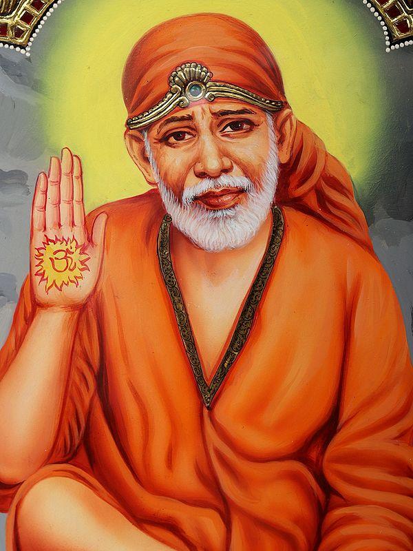 Exotic India Blessing Sai Baba - Tanjore Painting | Traditional Colors With Gold Work | With Frame
