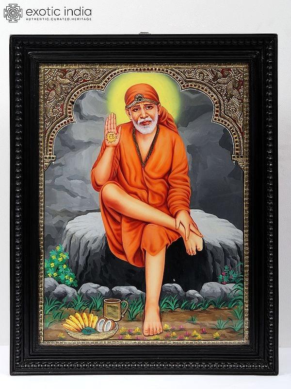 exotic india Blessing Sai Baba - Tanjore Painting | Traditional Colors With Gold Work | With Frame