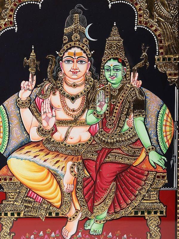 Exotic India Blessing Shiva Parvati Framed Tanjore Painting