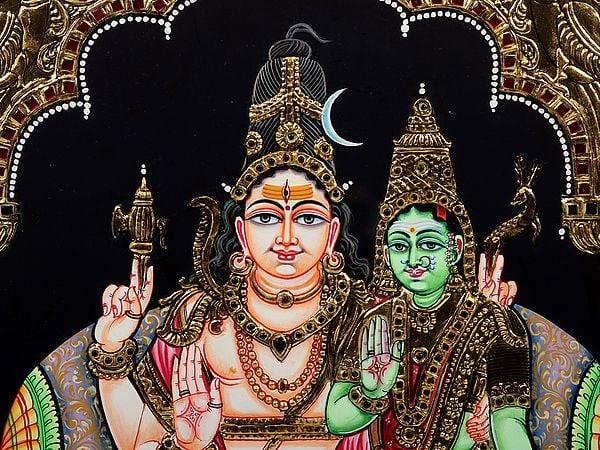 Exotic India Blessing Shiva Parvati Framed Tanjore Painting