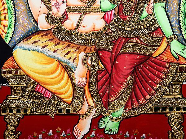Exotic India Blessing Shiva Parvati Framed Tanjore Painting
