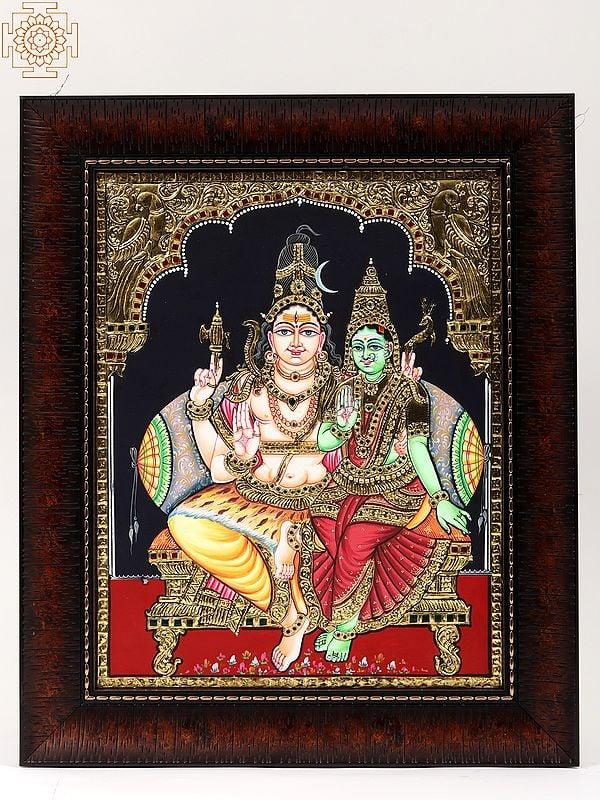 exotic india Blessing Shiva Parvati Framed Tanjore Painting 