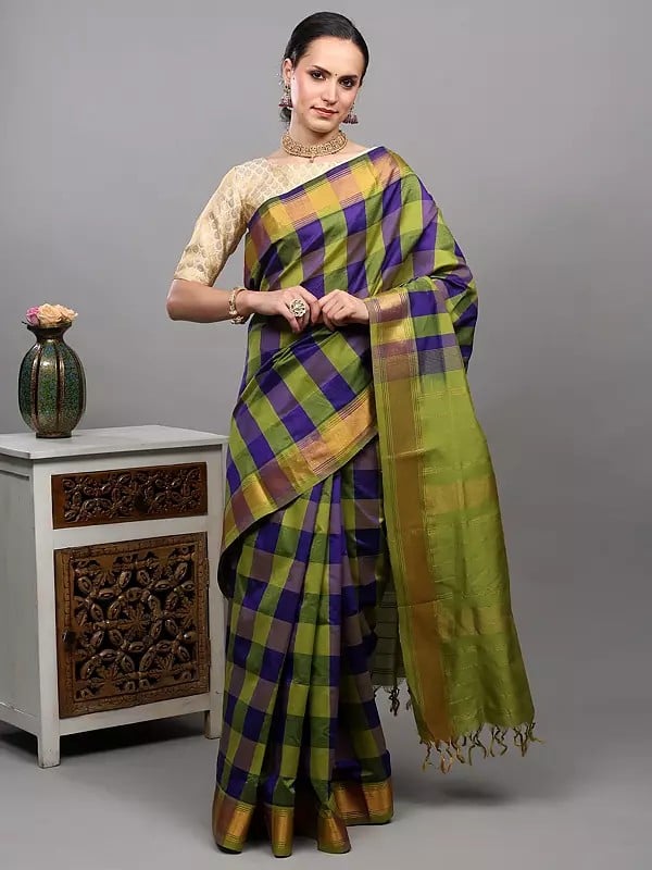 Exotic India Blue And Green Buffalo Check Woven Saree With Zari Thread Stripe Border From Bangalore 