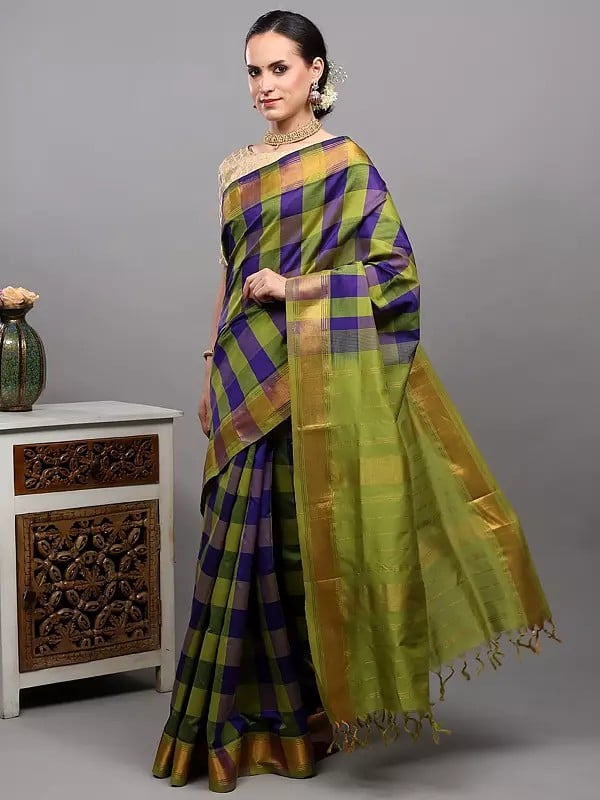 Exotic India Blue And Green Buffalo Check Woven Saree With Zari Thread Stripe Border From Bangalore 