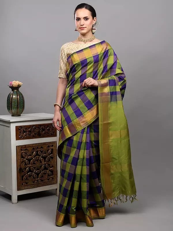 Exotic India Blue And Green Buffalo Check Woven Saree With Zari Thread Stripe Border From Bangalore 