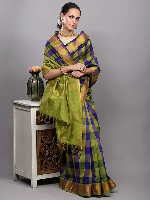 exotic india Blue and Green Buffalo Check woven Saree with Zari Thread Stripe Border from Bangalore 