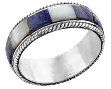 Exotic India Blue And White Inlay Stone Ring Made In Sterling Silver 