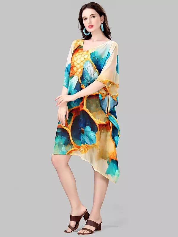 Exotic India Blue And Yellow Printed Floral Georgette Short Kaftan 