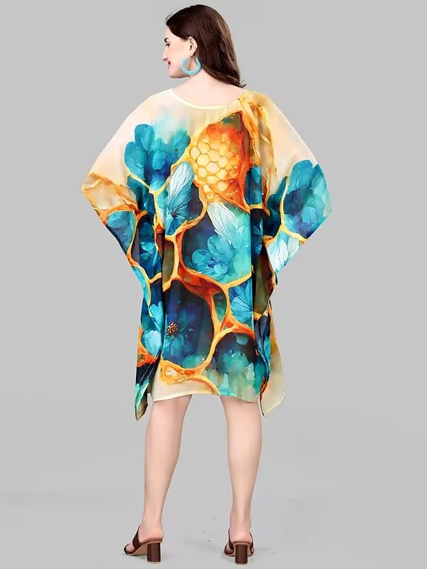 Exotic India Blue And Yellow Printed Floral Georgette Short Kaftan 