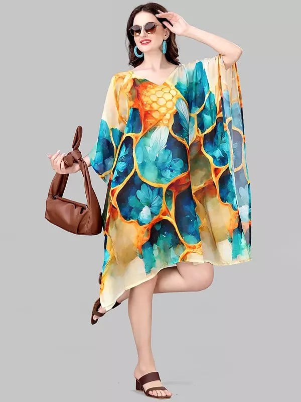 exotic india Blue and Yellow Printed Floral Georgette Short Kaftan 