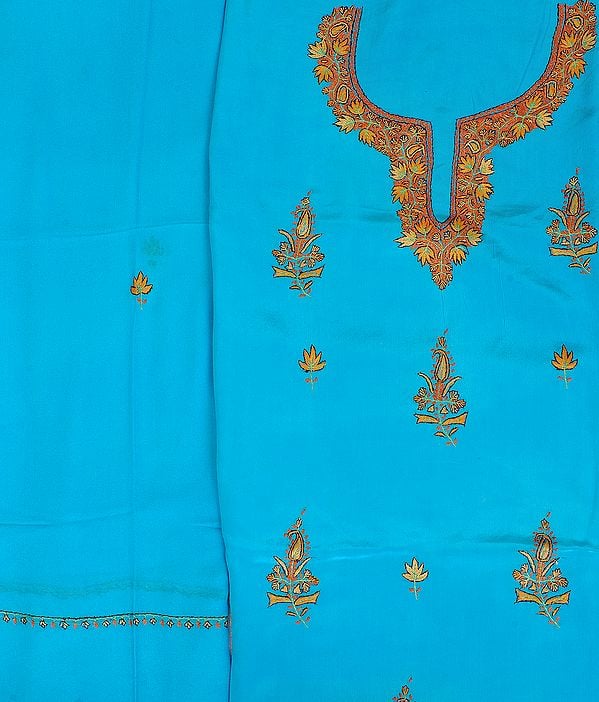 exotic india Blue-Atoll Salwar Kameez Fabric from Kashmir with Sozni Embroidery by Hand 