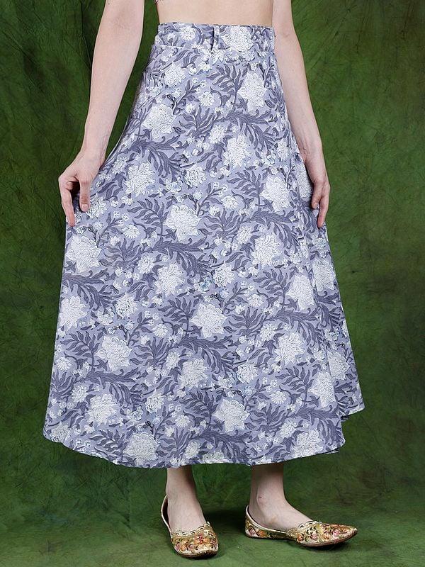 Exotic India Blue-Blizzard Floral Printed Wrap Around Long Skirt From Jaipur 