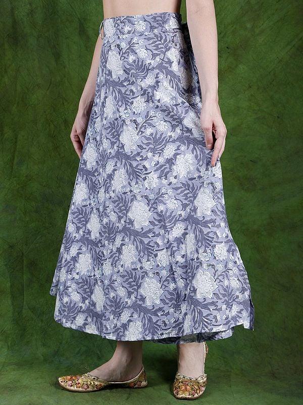 Exotic India Blue-Blizzard Floral Printed Wrap Around Long Skirt From Jaipur 