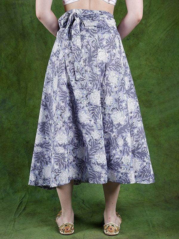 Exotic India Blue-Blizzard Floral Printed Wrap Around Long Skirt From Jaipur 