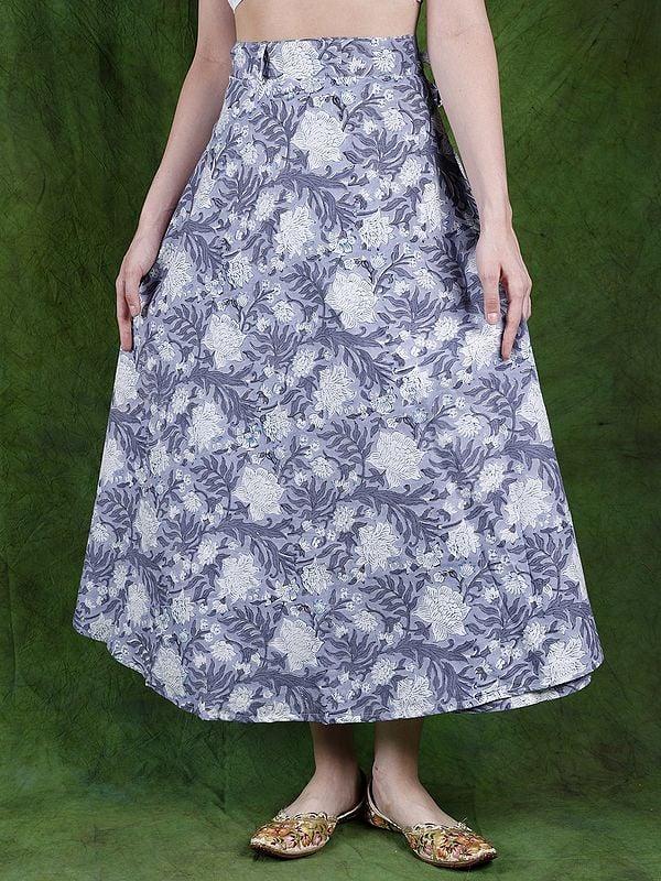 exotic india Blue-Blizzard Floral Printed Wrap Around Long Skirt from Jaipur 