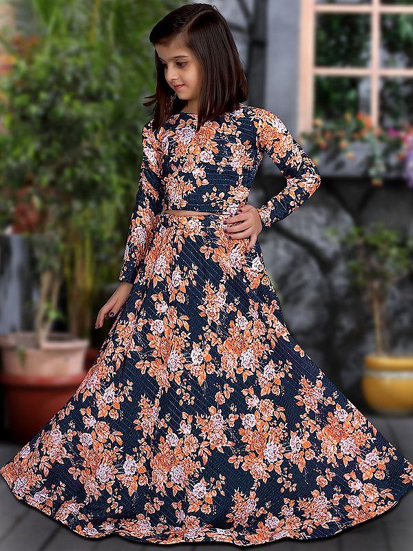 Exotic India Blue Color Heavy Chinon Silk All-Over Floral Print Kids Lehenga Choli 