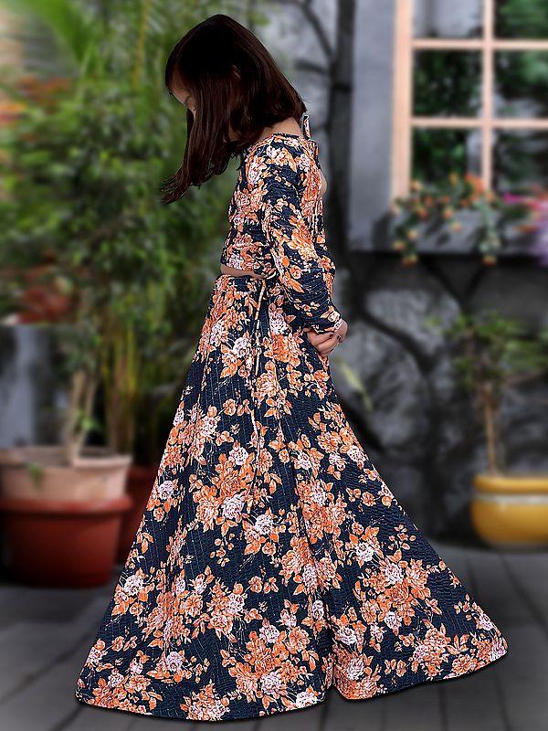 Exotic India Blue Color Heavy Chinon Silk All-Over Floral Print Kids Lehenga Choli 
