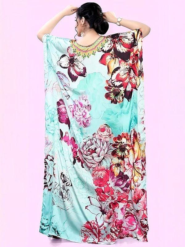 Exotic India Blue-Glass Printed Bloom Flowers Long Kaftan With Stone Work On Neck
