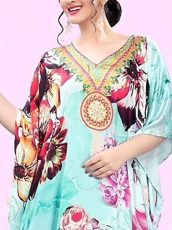 Exotic India Blue-Glass Printed Bloom Flowers Long Kaftan With Stone Work On Neck