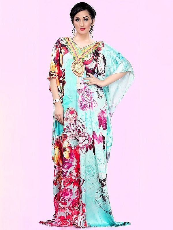 exotic india Blue-Glass Printed Bloom Flowers Long Kaftan with Stone work on Neck 